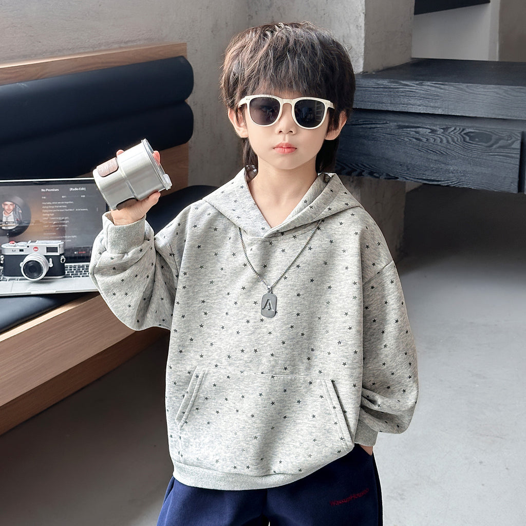 Kids Casual Loose Fit Star Print Hooded Sweatshirt