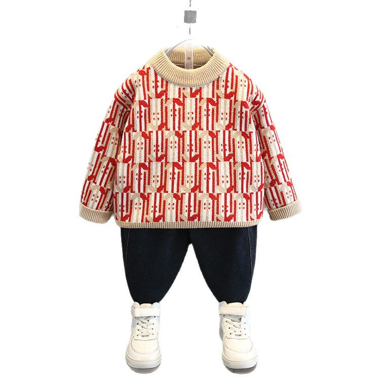Roter Langarm-Strickpullover für Jungen mit Rundhalsausschnitt in Unifarbe