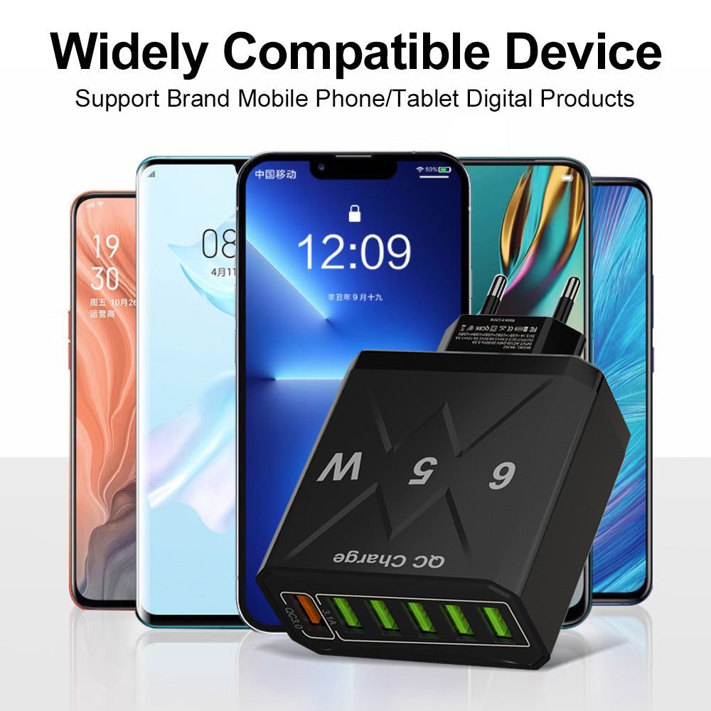 Standard 65W fast charging Korean standard mobile phone charger 6USB multi port fast charging head travel charger