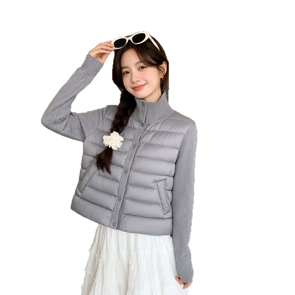 Casual Knitted Splicing Ribbed Stand Collar Cropped Lightweight Warm Women's Cotton Jacket