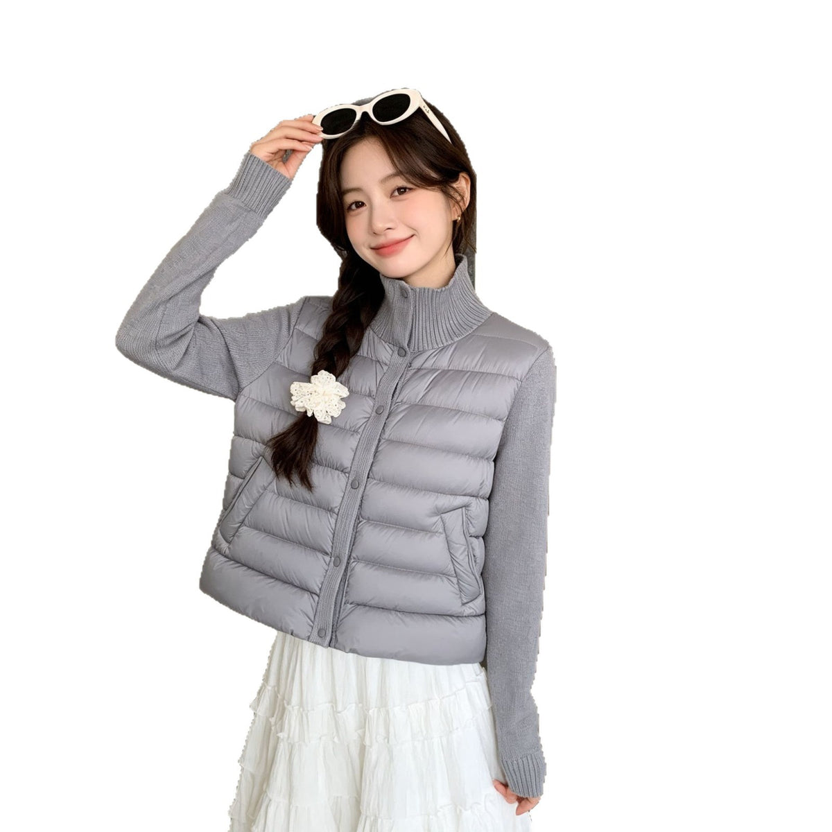 Casual Knitted Splicing Ribbed Stand Collar Cropped Lightweight Warm Women's Cotton Jacket