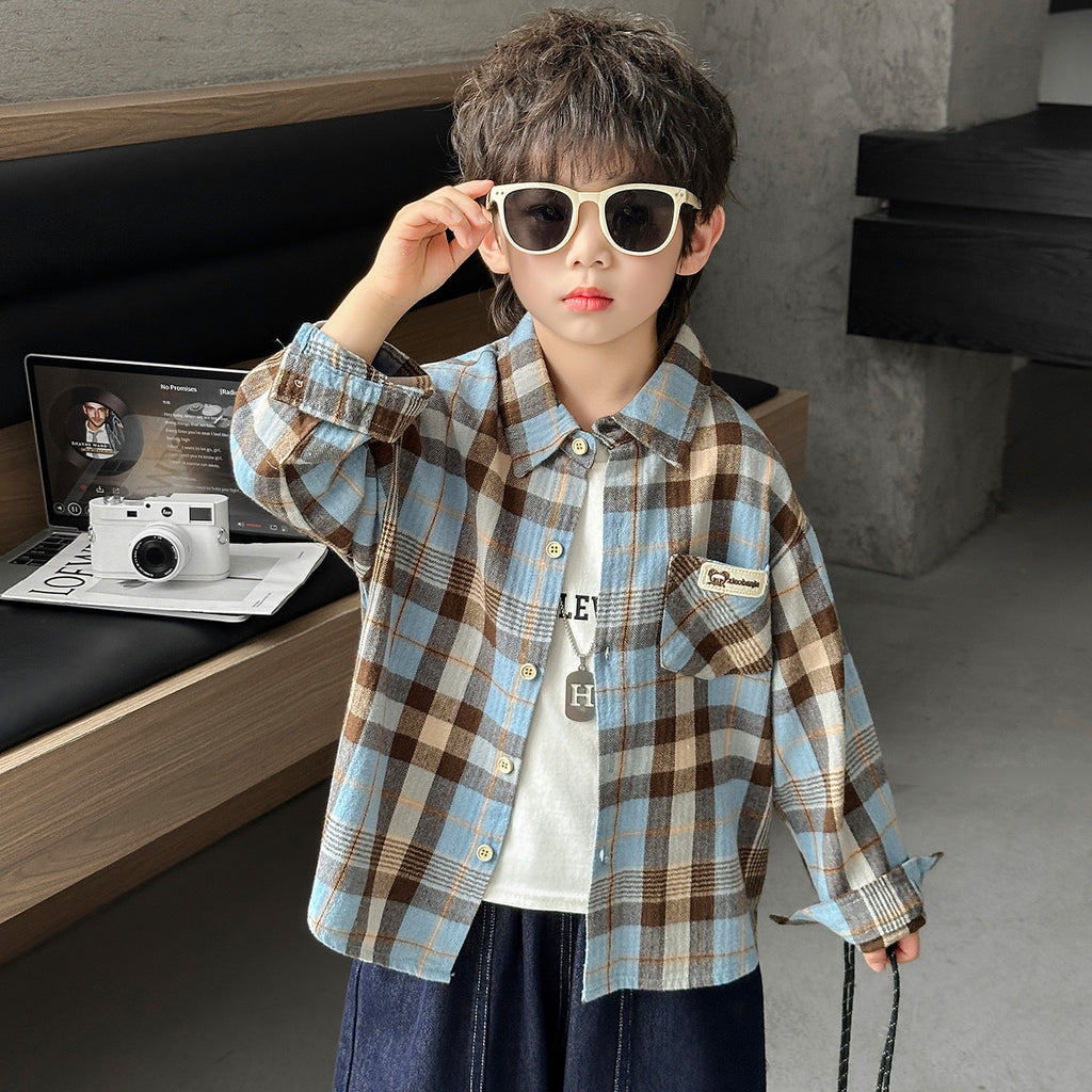 Boys' Casual Plaid Long Sleeve Collared Shirt