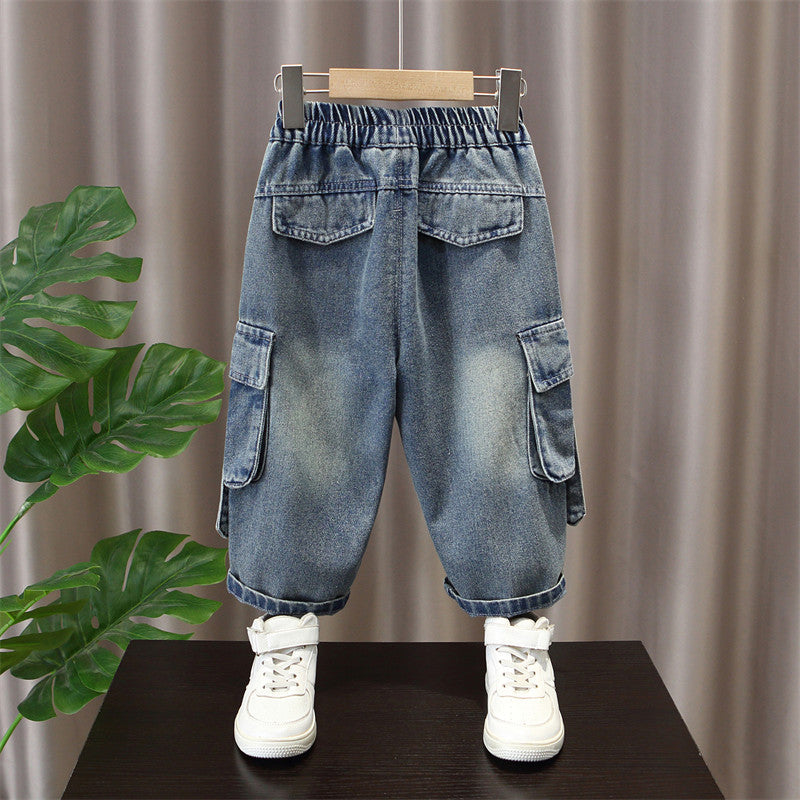 Boys’ Straight-Leg Denim Cargo Trousers with Elastic Waist