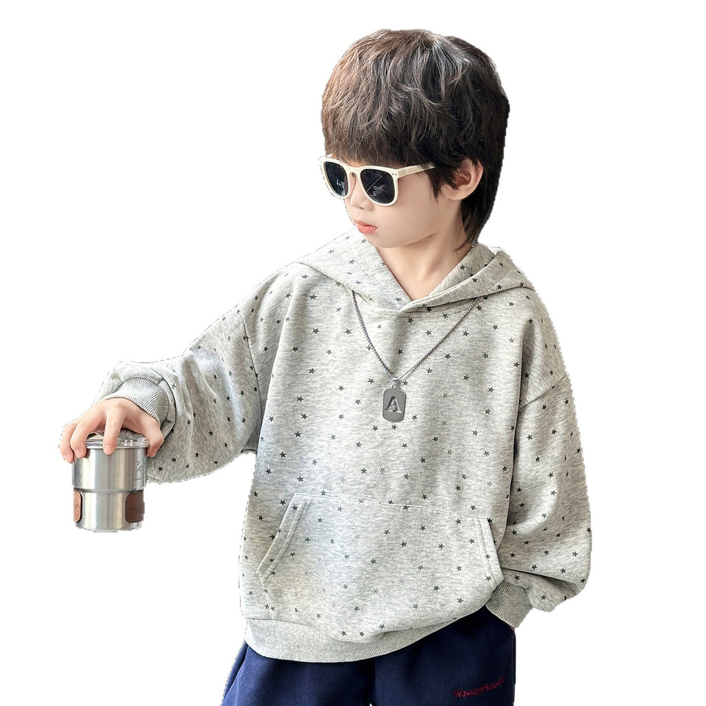 Kids Casual Loose Fit Star Print Hooded Sweatshirt