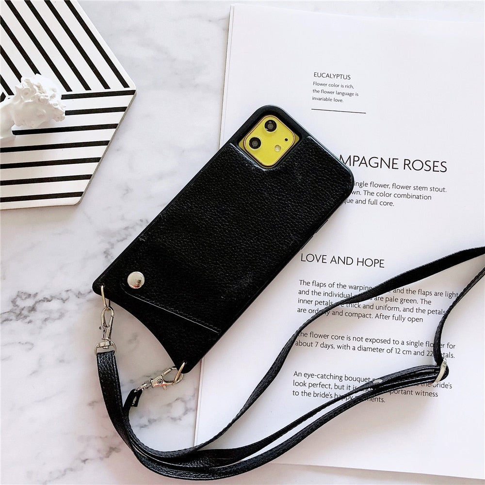 Lanyard Crossbody Wallet Case For iPhone 13 12 11 Pro Max XS MAX XR X 7 8 Plus Leather Card Slot With Shoulder Strap Back Cover