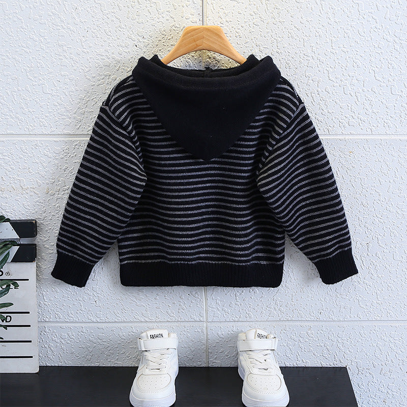 Boys Striped Hooded Thick Knit Sweater
