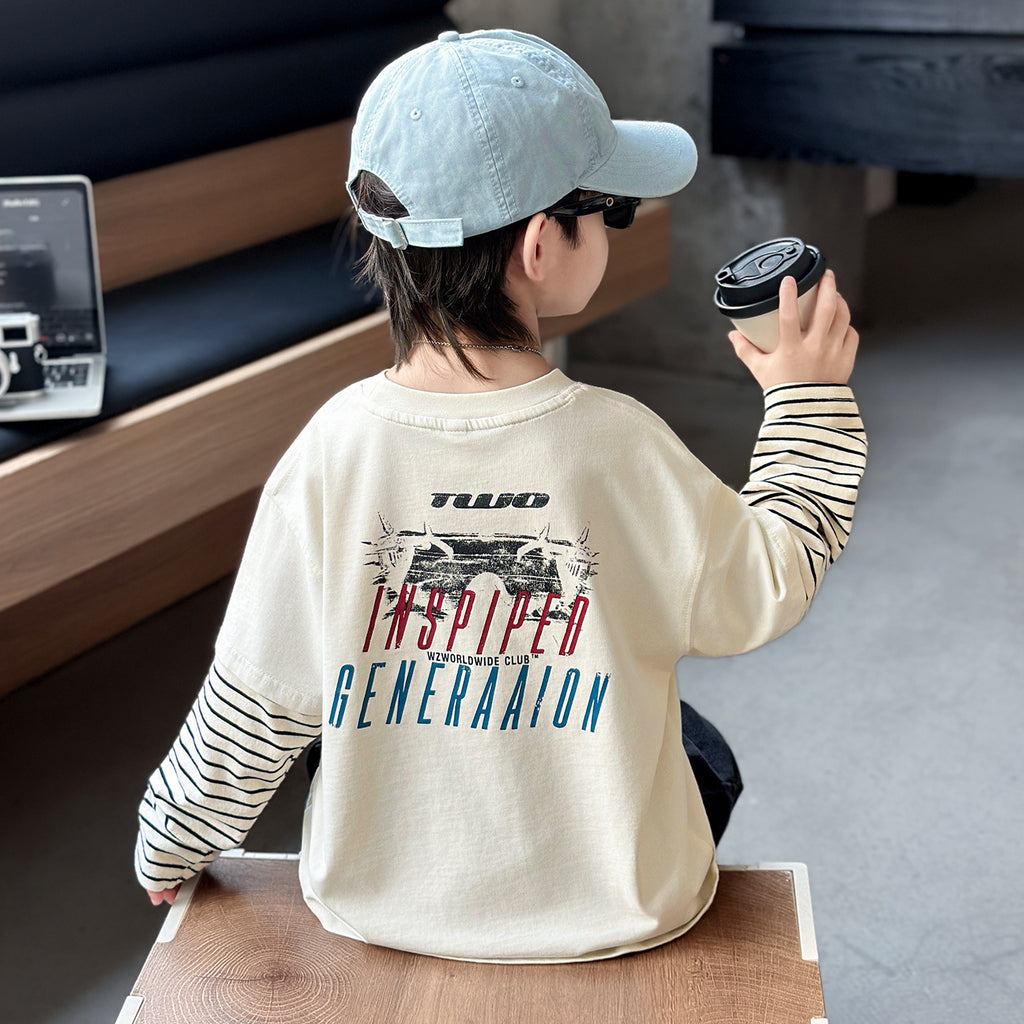 Boys'  Faux Two-Piece Long Sleeve Crew Neck T-Shirt Hoodie
