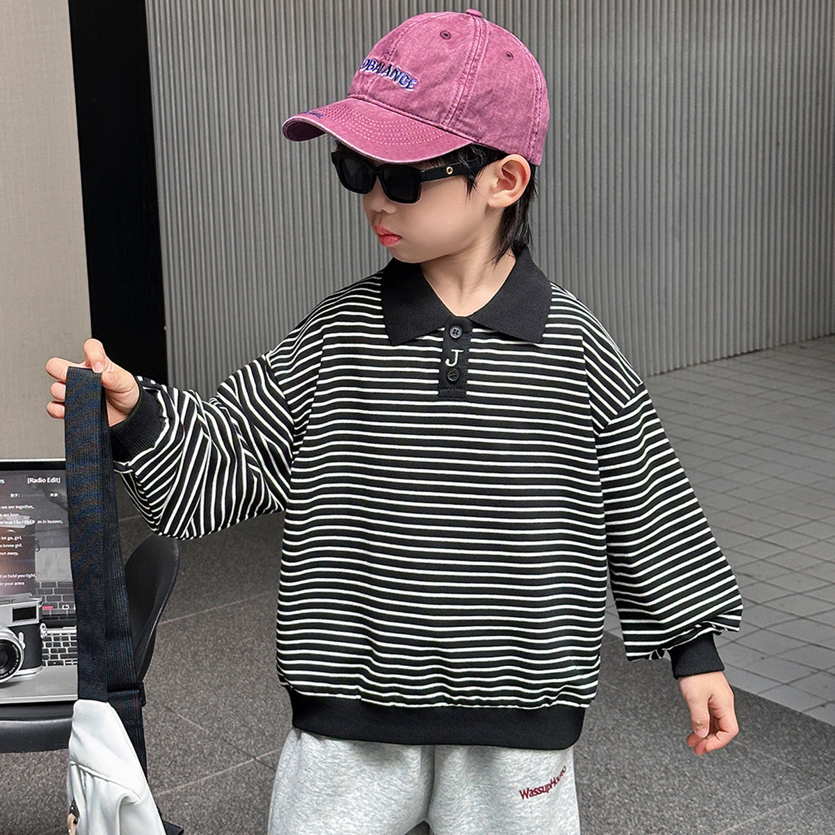 Boys' Striped Long Sleeve Polo Collar Pullover Sweatshirt