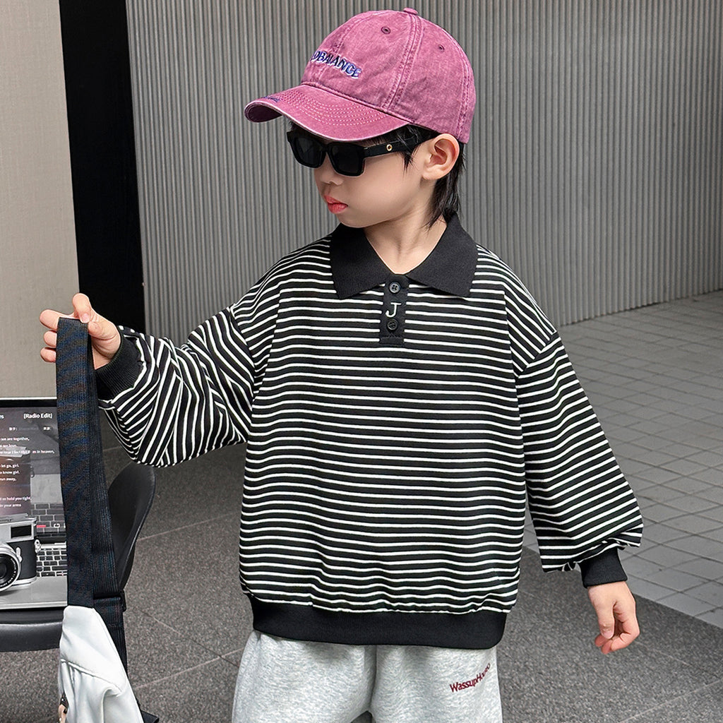 Boys' Striped Long Sleeve Polo Collar Pullover Sweatshirt