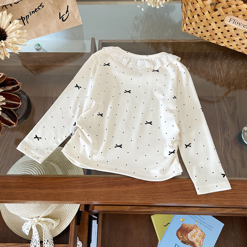 Long Sleeve Bowknot Lace Collar Girls T-Shirt