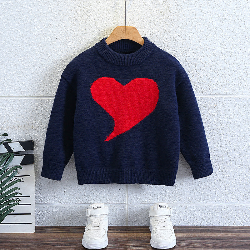 Boys' Stylish Heart Pattern Raglan Sleeve Crew Neck Pullover Sweater