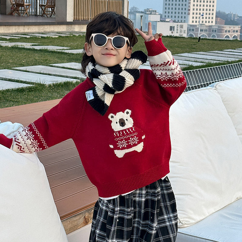 Chinese Traditional Style Solid Red Long Sleeve Round Neck Knit Sweater