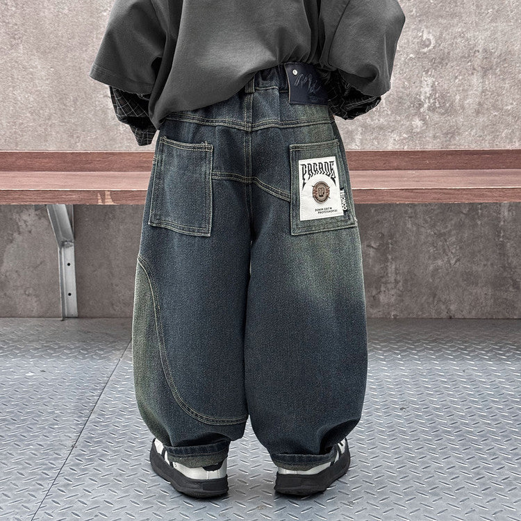 Boys Casual Denim Long Pants with Patch Pockets