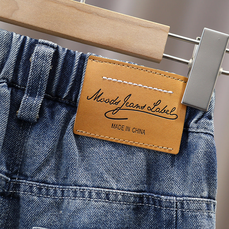 Boys Casual Denim Jeans Elastic Waist Relaxed Fit Long Pants with Embroidered Letter Patch