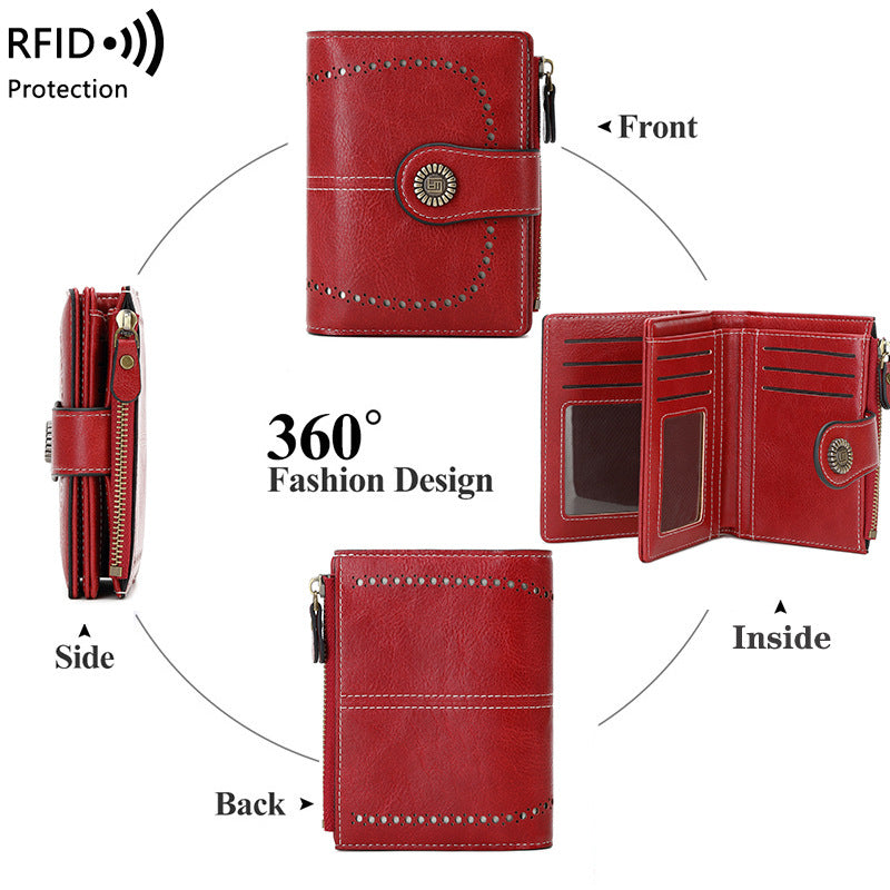 RFID Wallet Women's Short Card Bag Wax Leather Zero Wallet Fashion Buckle Zipper Wallet