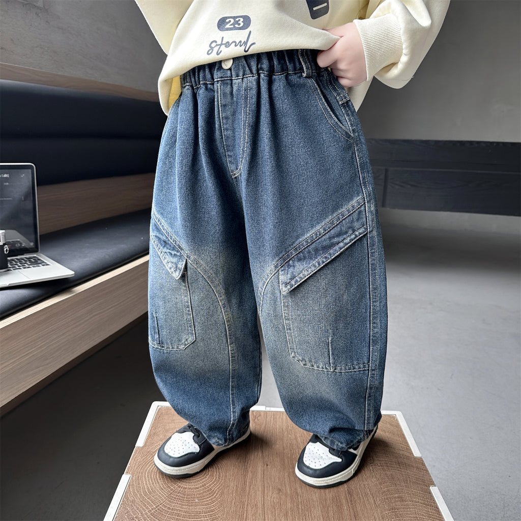 Casual Solid Color Denim Pants for Kids Boys with Large Pockets
