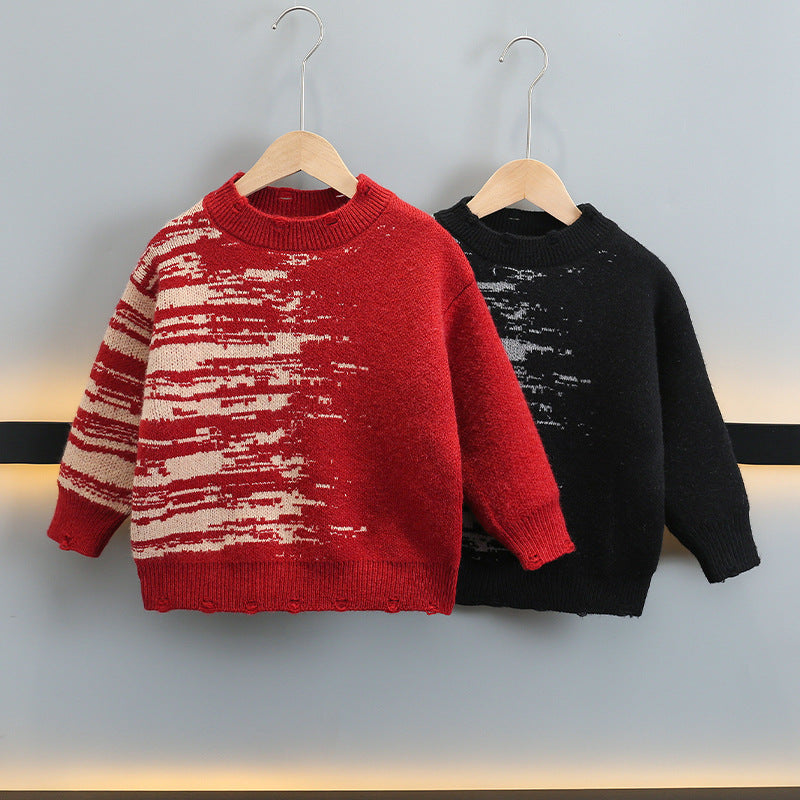 Style Red Ripped Long Sleeve Sweater for Boys