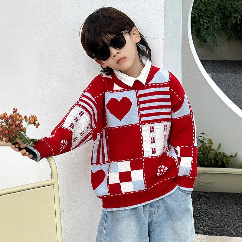 Kids Boys Red Plaid Long Sleeve Crew Neck Winter Thick Knit Sweater