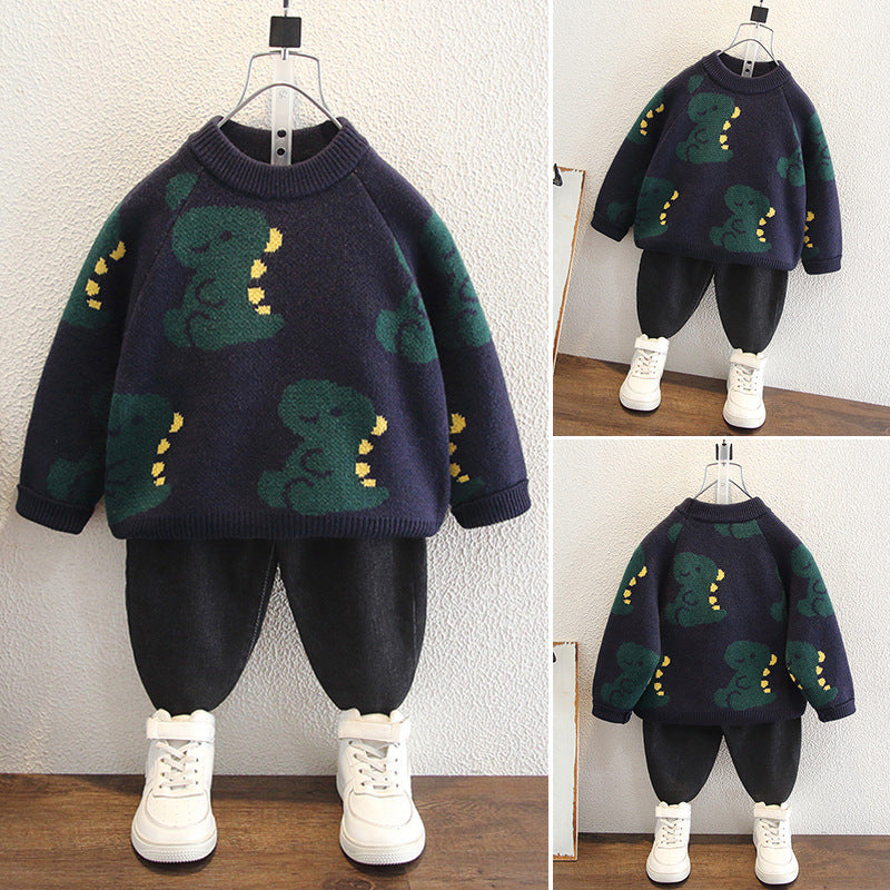 Kids Cartoon Dinosaur Print Crew Neck Pullover Knit Sweater