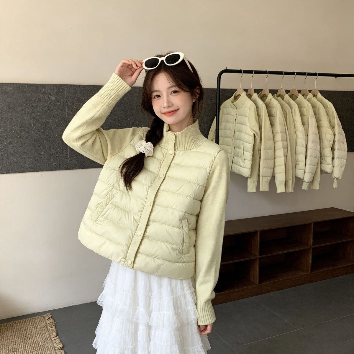 Casual Knitted Splicing Ribbed Stand Collar Cropped Lightweight Warm Women's Cotton Jacket