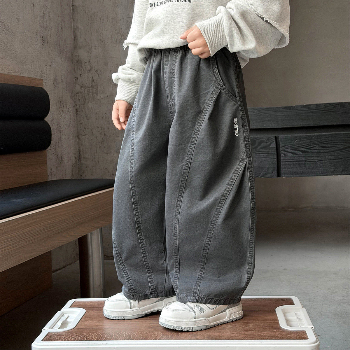 Kids Casual Cargo Pants Loose Fit Wide Leg Straight Long Trousers for Boys and Girls