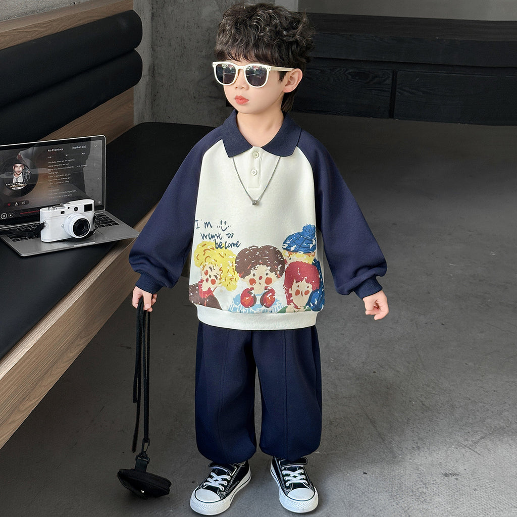 Boys' Cartoon Polo Hoodie Two-Piece Set