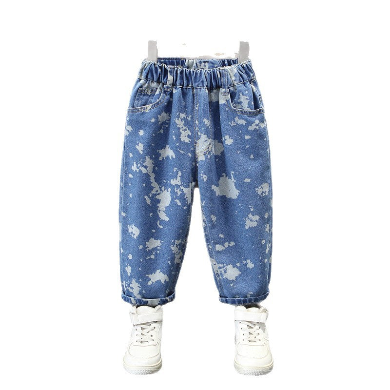 Boys’ Blue Washed-Denim Trousers with Elastic Waist
