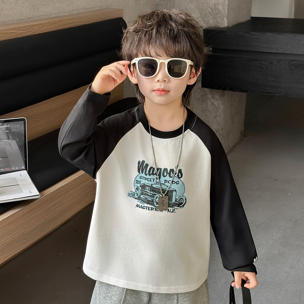 Boys' Long-Sleeve T-Shirt with Cartoon and Letter Print