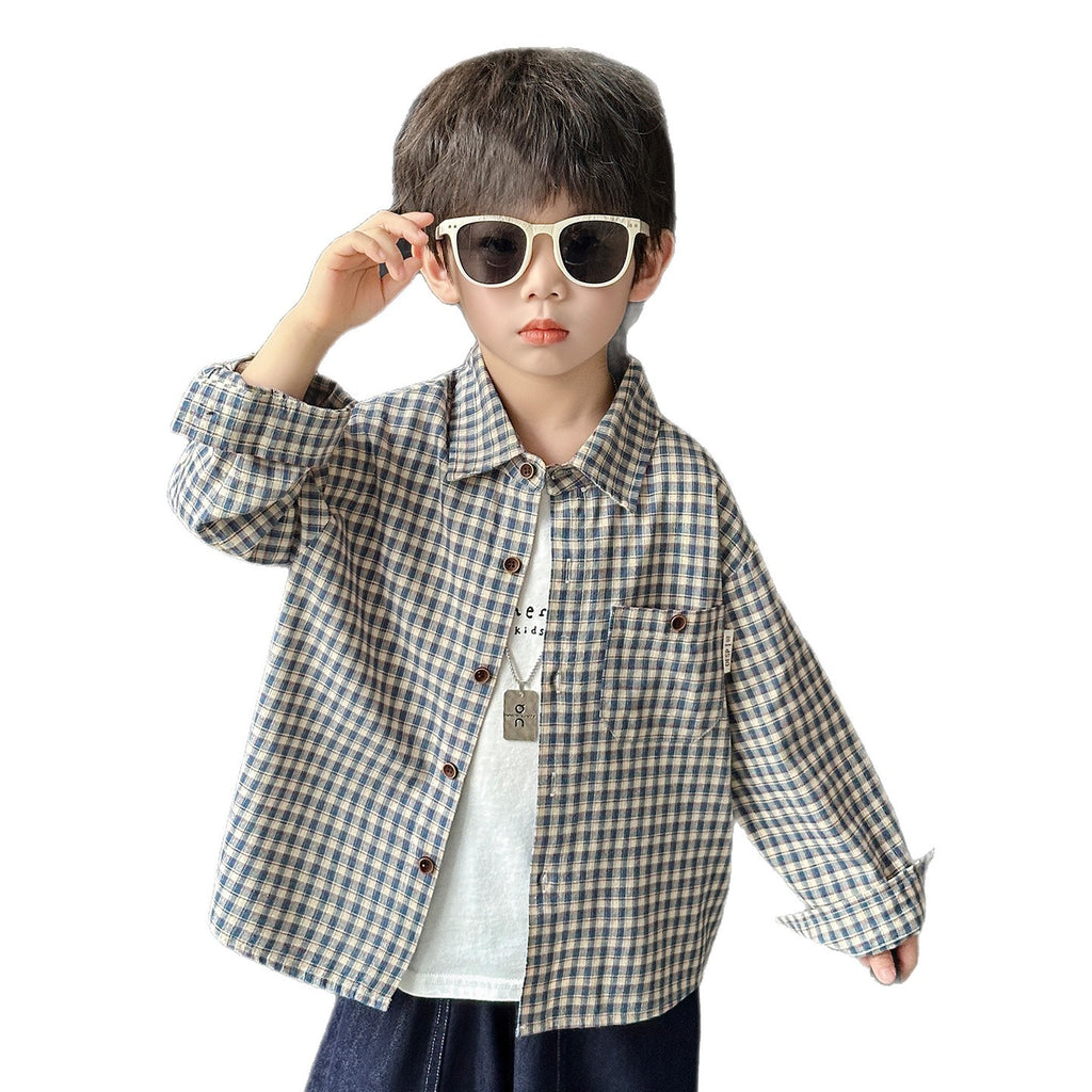 Boys Casual Plaid Long Sleeve Lapel Shirt