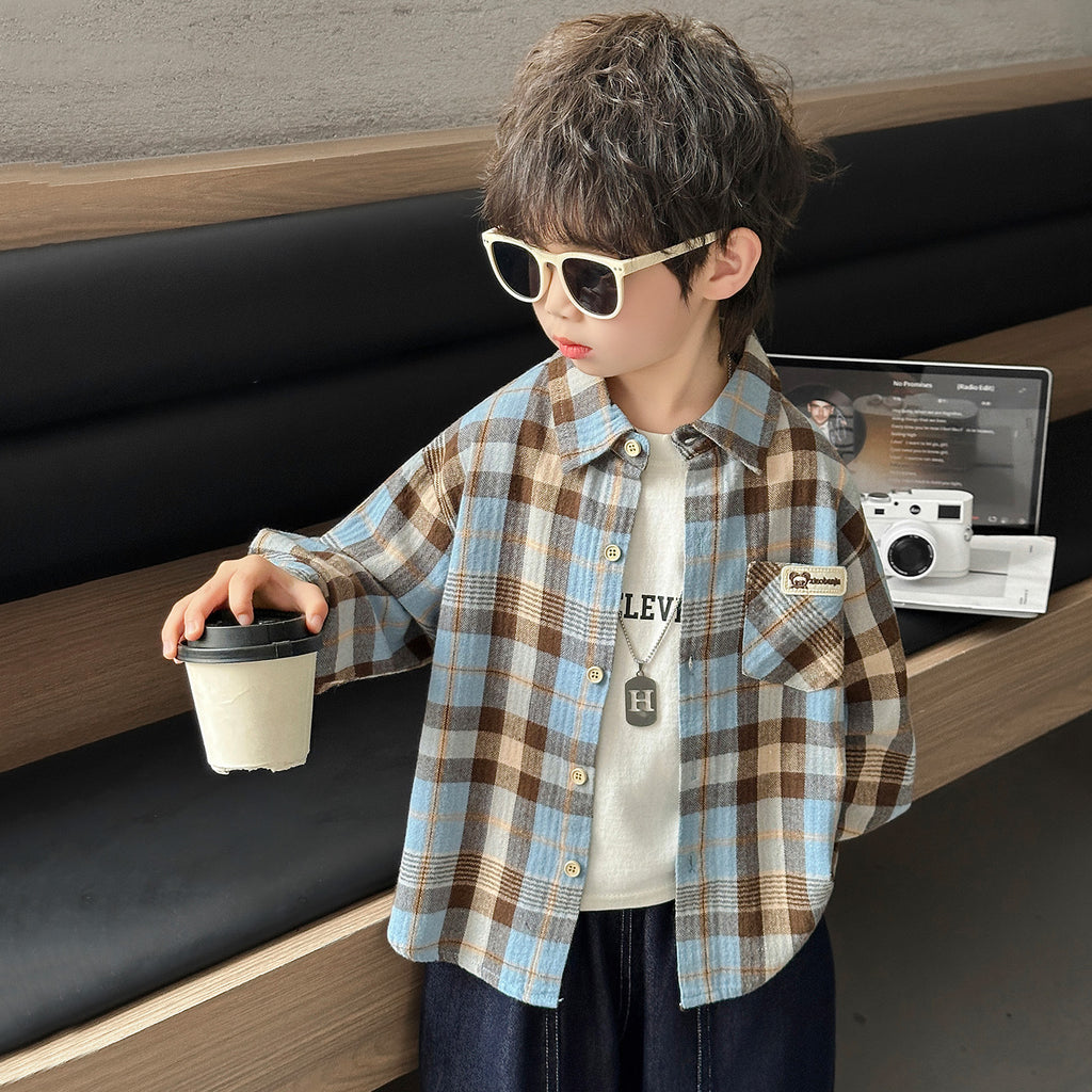 Boys' Casual Plaid Long Sleeve Collared Shirt