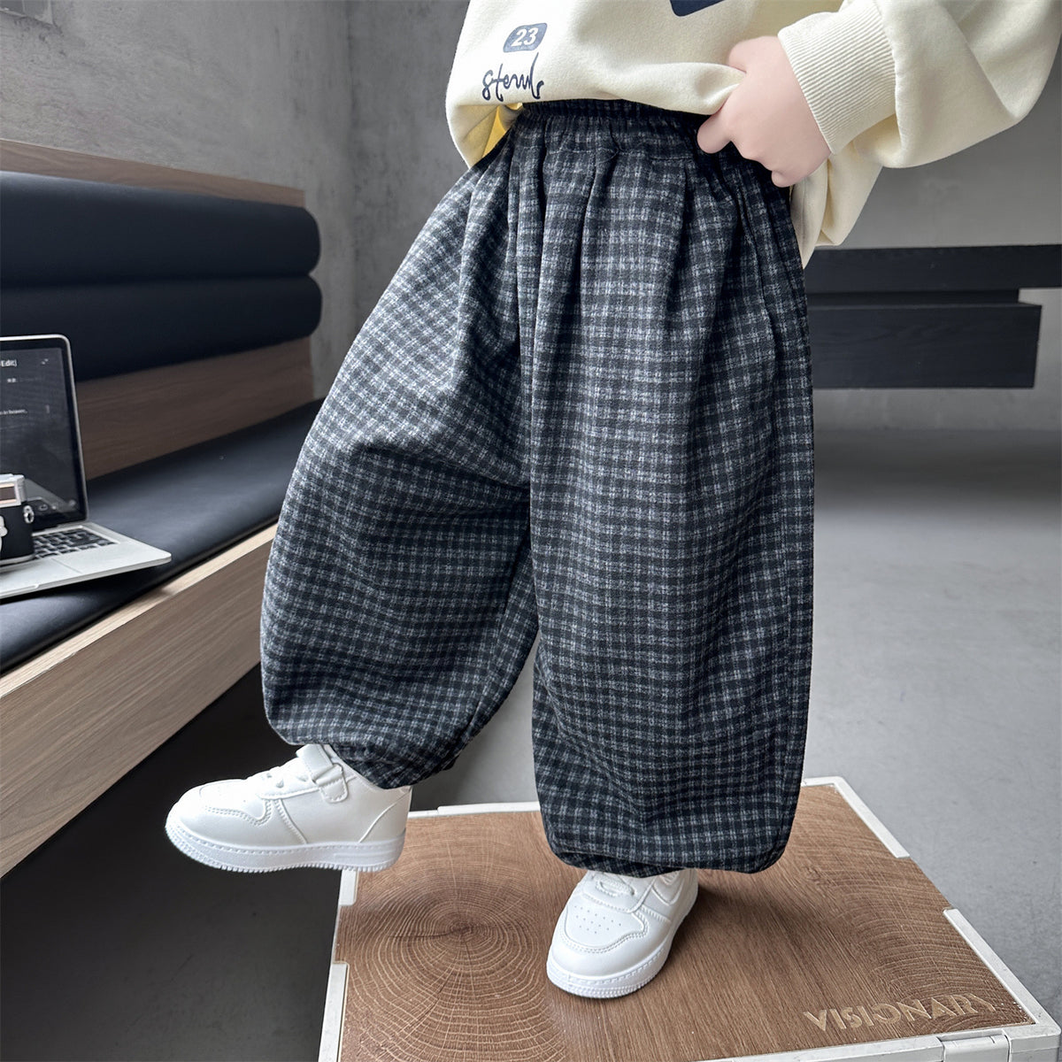 Boys Plaid Tapered Casual Pants