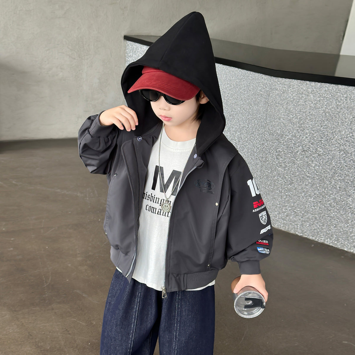 Boys Hooded Jacket Spring Autumn Layered Open Front Coat