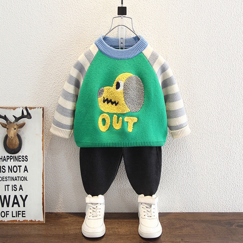 Boys' Long Sleeve Striped Dog Pattern Crew Neck Sweater