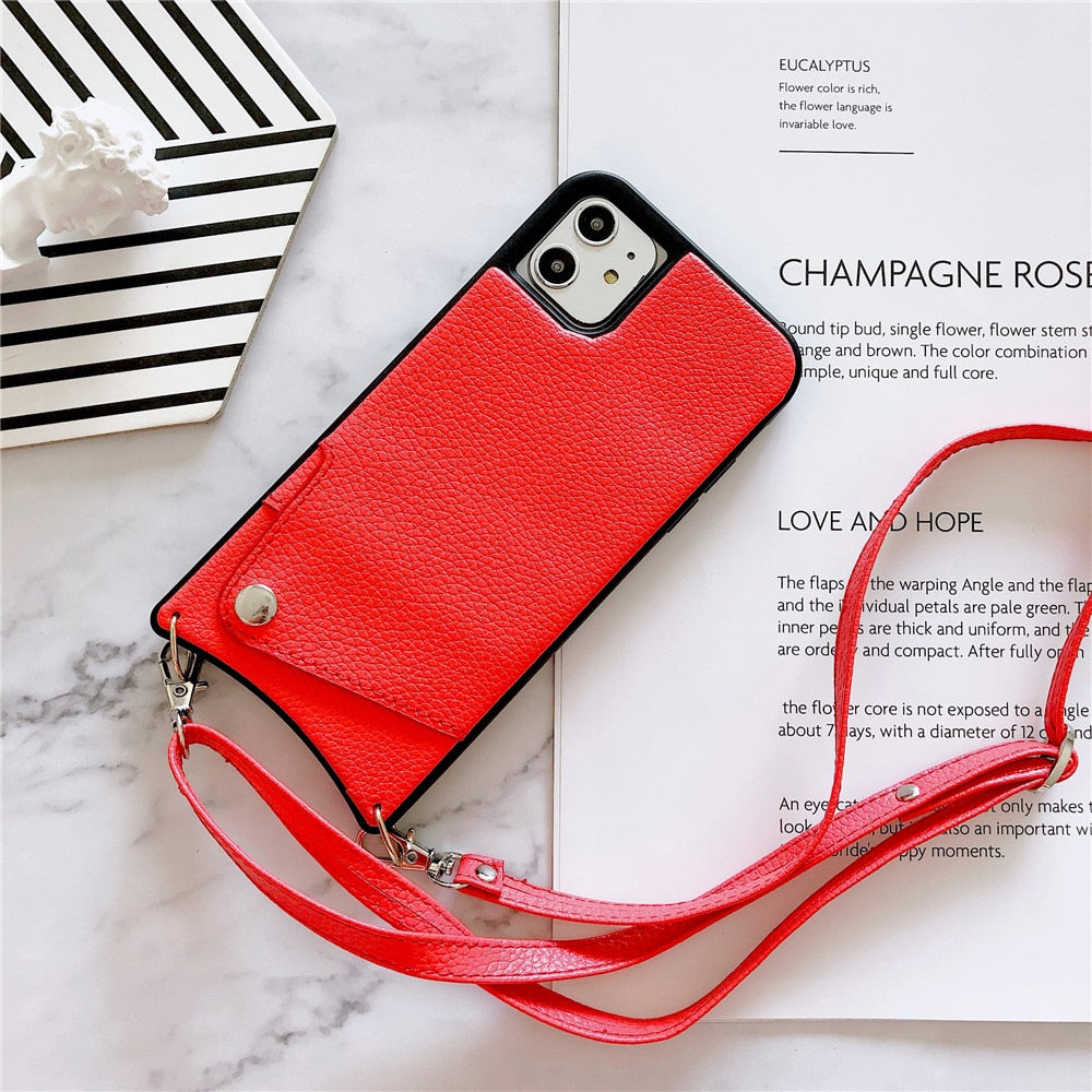 Lanyard Crossbody Wallet Case For iPhone 13 12 11 Pro Max XS MAX XR X 7 8 Plus Leather Card Slot With Shoulder Strap Back Cover