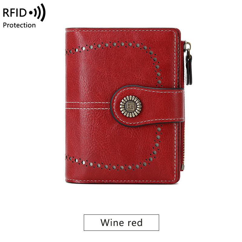 RFID Wallet Women's Short Card Bag Wax Leather Zero Wallet Fashion Buckle Zipper Wallet