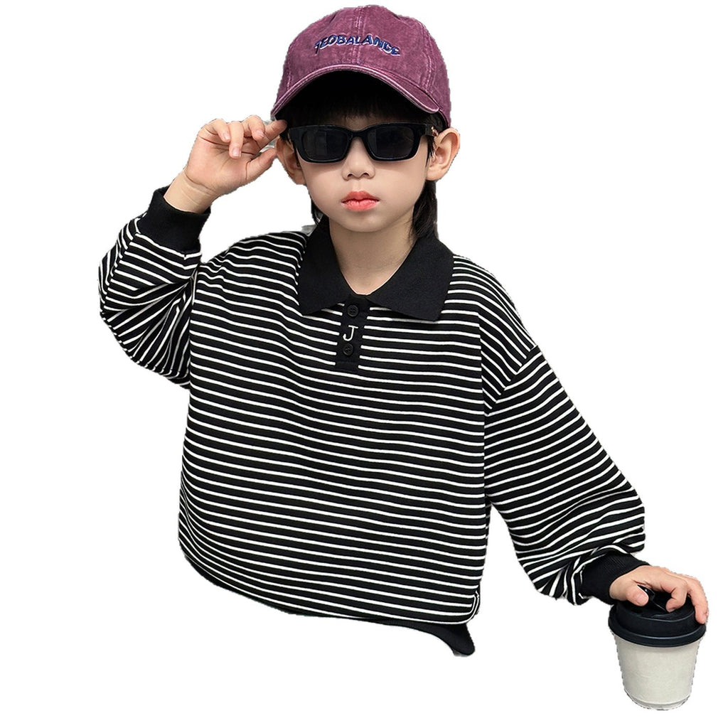 Boys' Striped Long Sleeve Polo Collar Pullover Sweatshirt