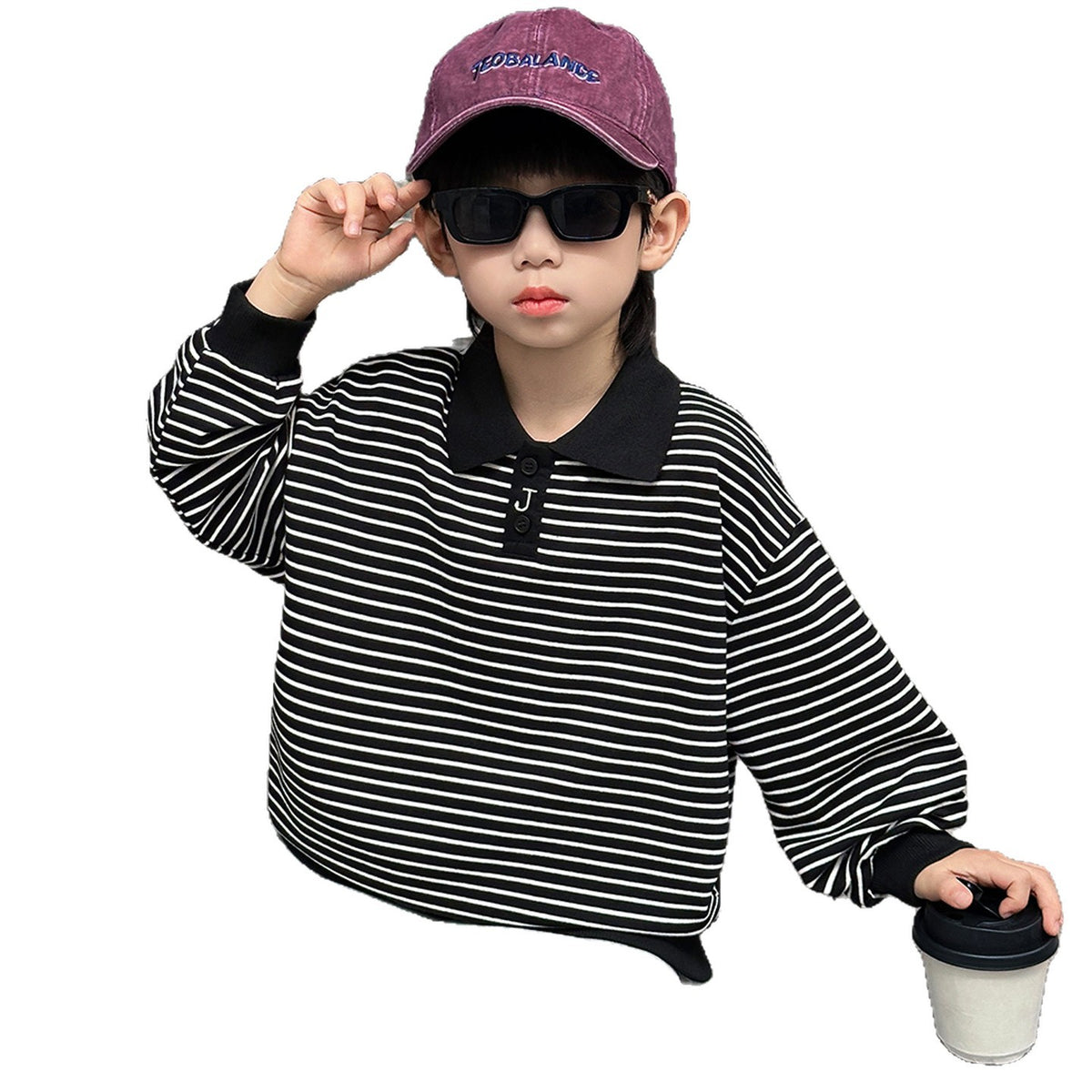 Boys' Striped Long Sleeve Polo Collar Pullover Sweatshirt