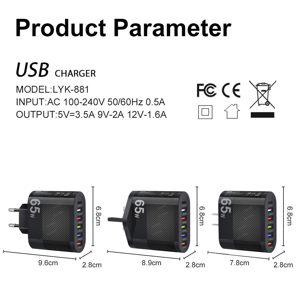 Standard 65W 5USB+Type-C mobile phone charger with multi interface charging head