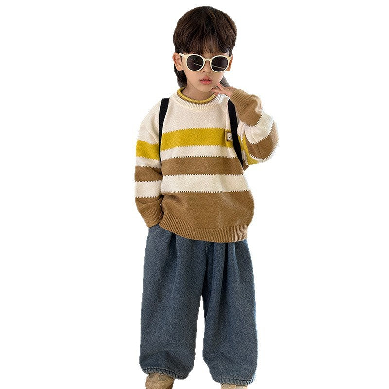 Boys' Knit Pullover Sweater with Letter and Cartoon Print