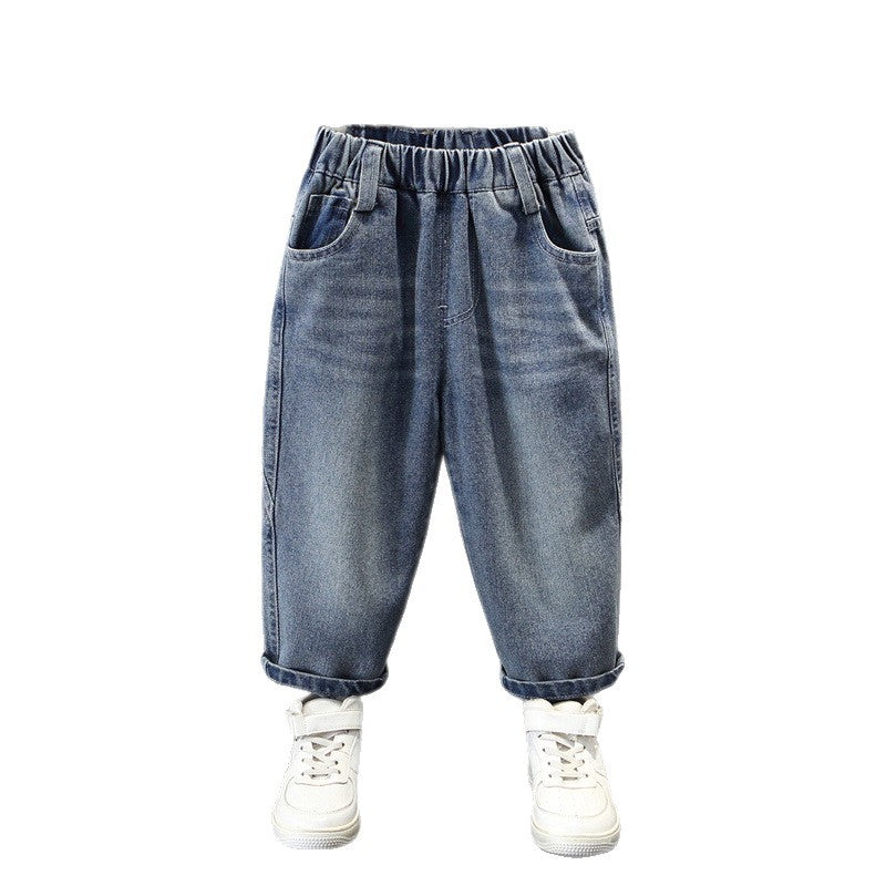 Boys Casual Denim Jeans Elastic Waist Relaxed Fit Long Pants with Embroidered Letter Patch