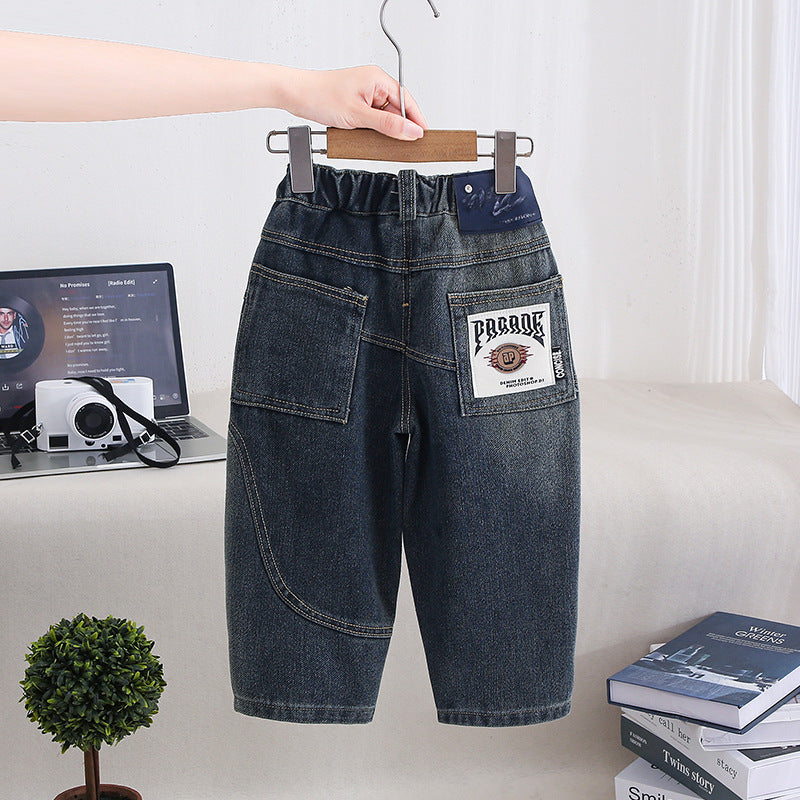 Boys Casual Denim Long Pants with Patch Pockets