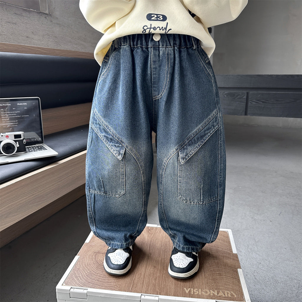 Casual Solid Color Denim Pants for Kids Boys with Large Pockets