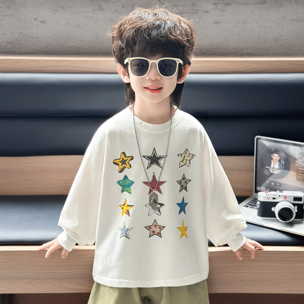 Boys' White Spring Autumn Long Sleeve Star Print Crew Neck Cotton T-Shirt