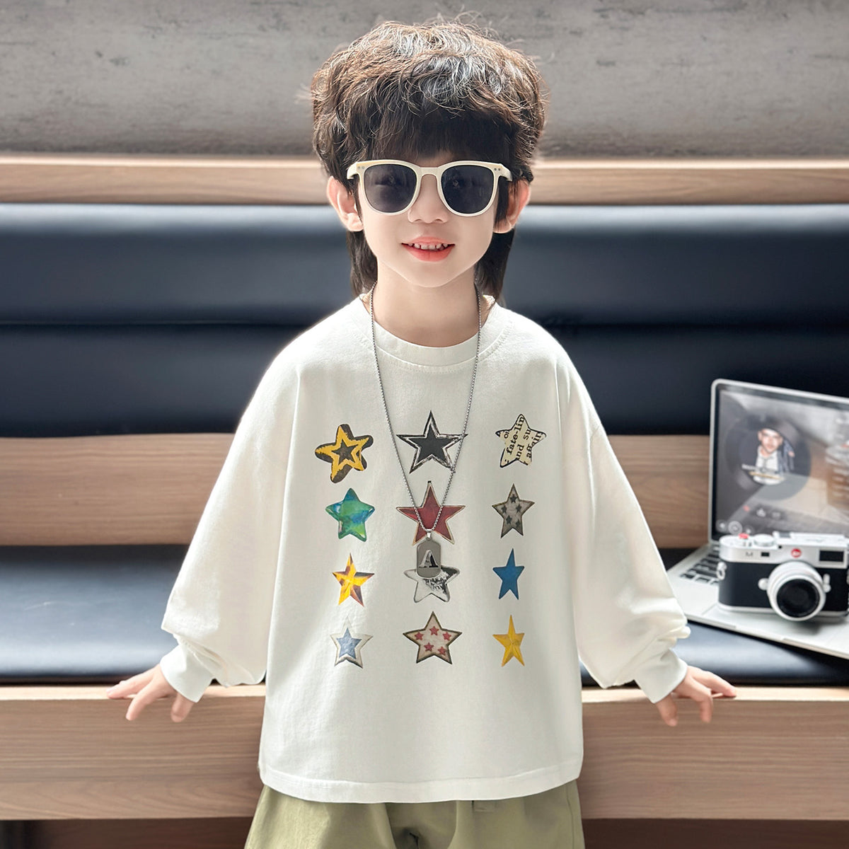 Boys' White Spring Autumn Long Sleeve Star Print Crew Neck Cotton T-Shirt