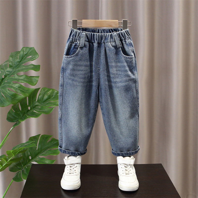 Boys Casual Denim Jeans Elastic Waist Relaxed Fit Long Pants with Embroidered Letter Patch