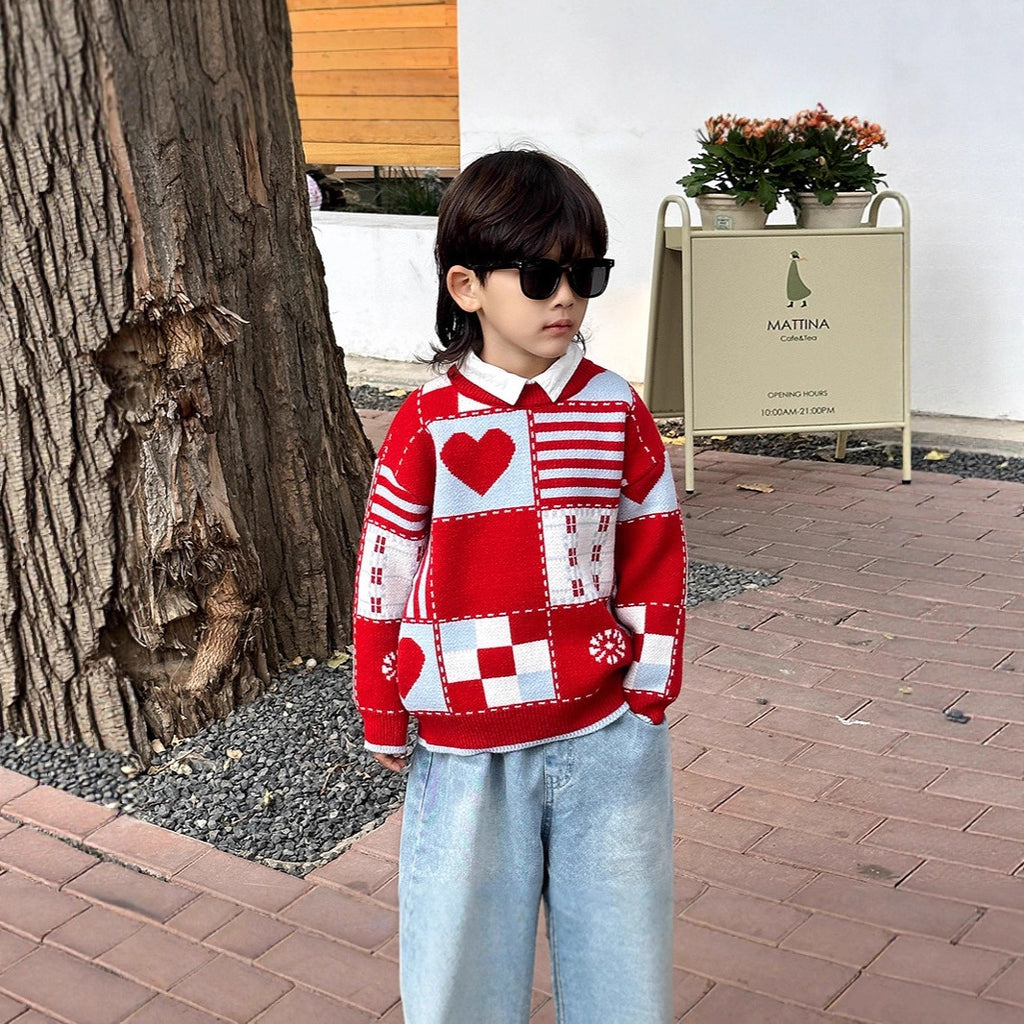 Boys’ Red Striped Knit Sweater with Crew Neck