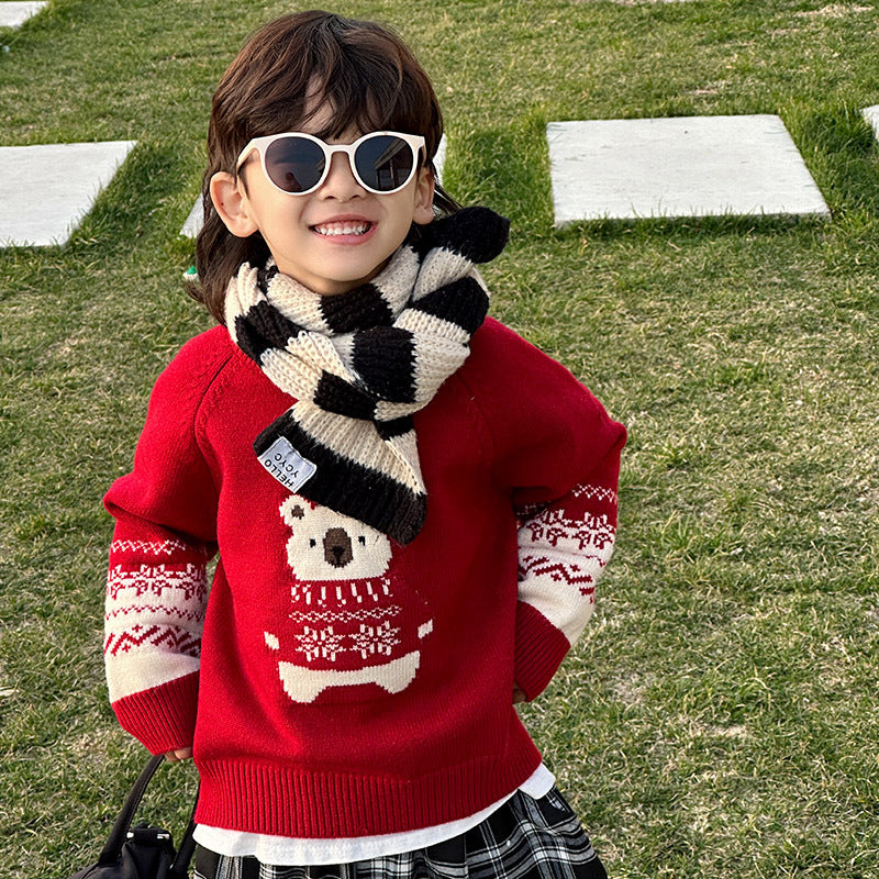 Chinese Traditional Style Solid Red Long Sleeve Round Neck Knit Sweater