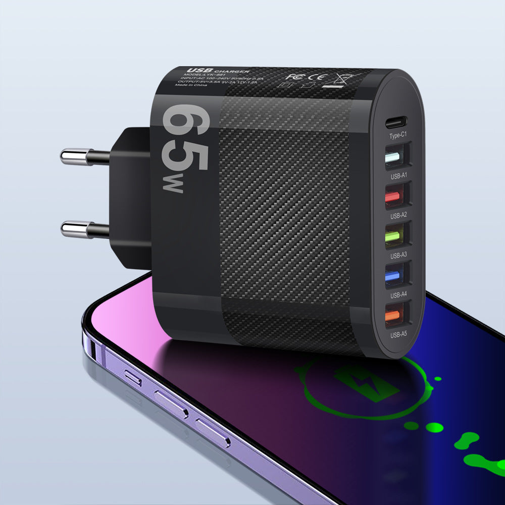 Standard 65W 5USB+Type-C mobile phone charger with multi interface charging head