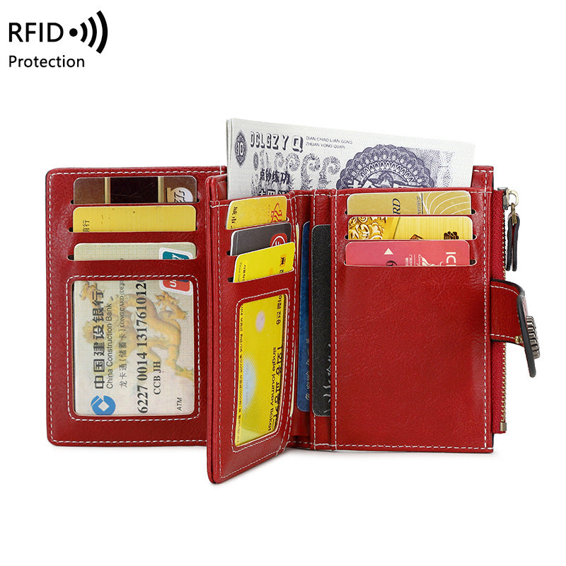 RFID Wallet Women's Short Card Bag Wax Leather Zero Wallet Fashion Buckle Zipper Wallet