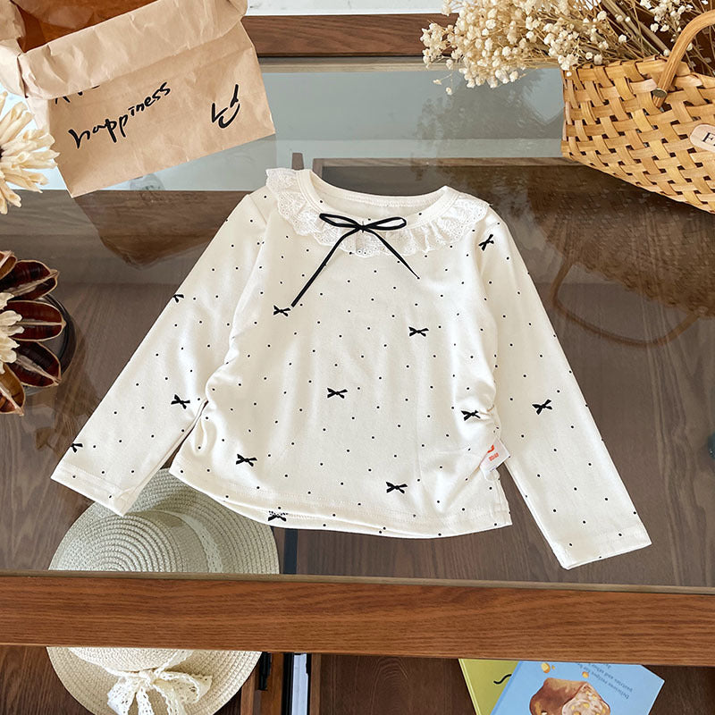 Long Sleeve Bowknot Lace Collar Girls T-Shirt